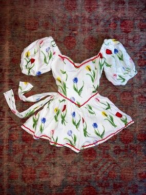 Fashion Brand Company limited edition tulip print linen Romper with Rickrack